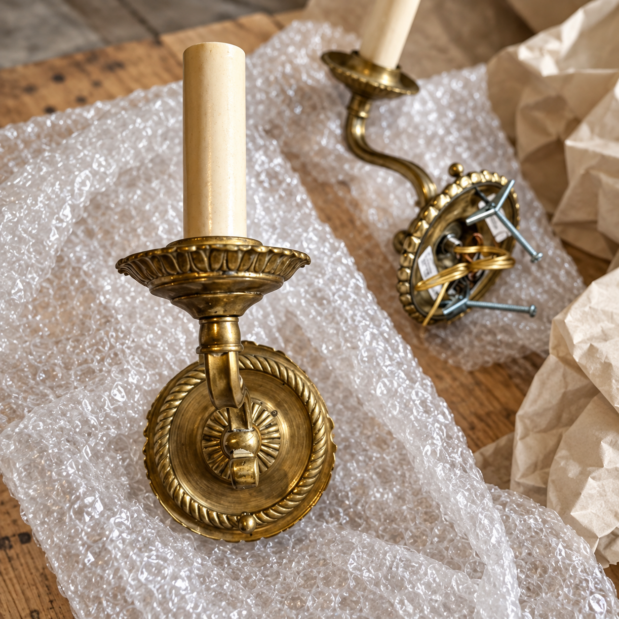 Antique brass sconces selected for the house.
