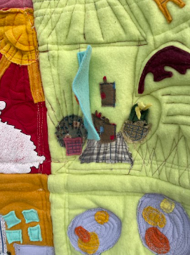 Detail from "We Do Our Living Here" 
quilted love letter to my spouse and to our home
Improvisational quilting with mixed & recycled fabrics
Ypsilanti, MI
2023