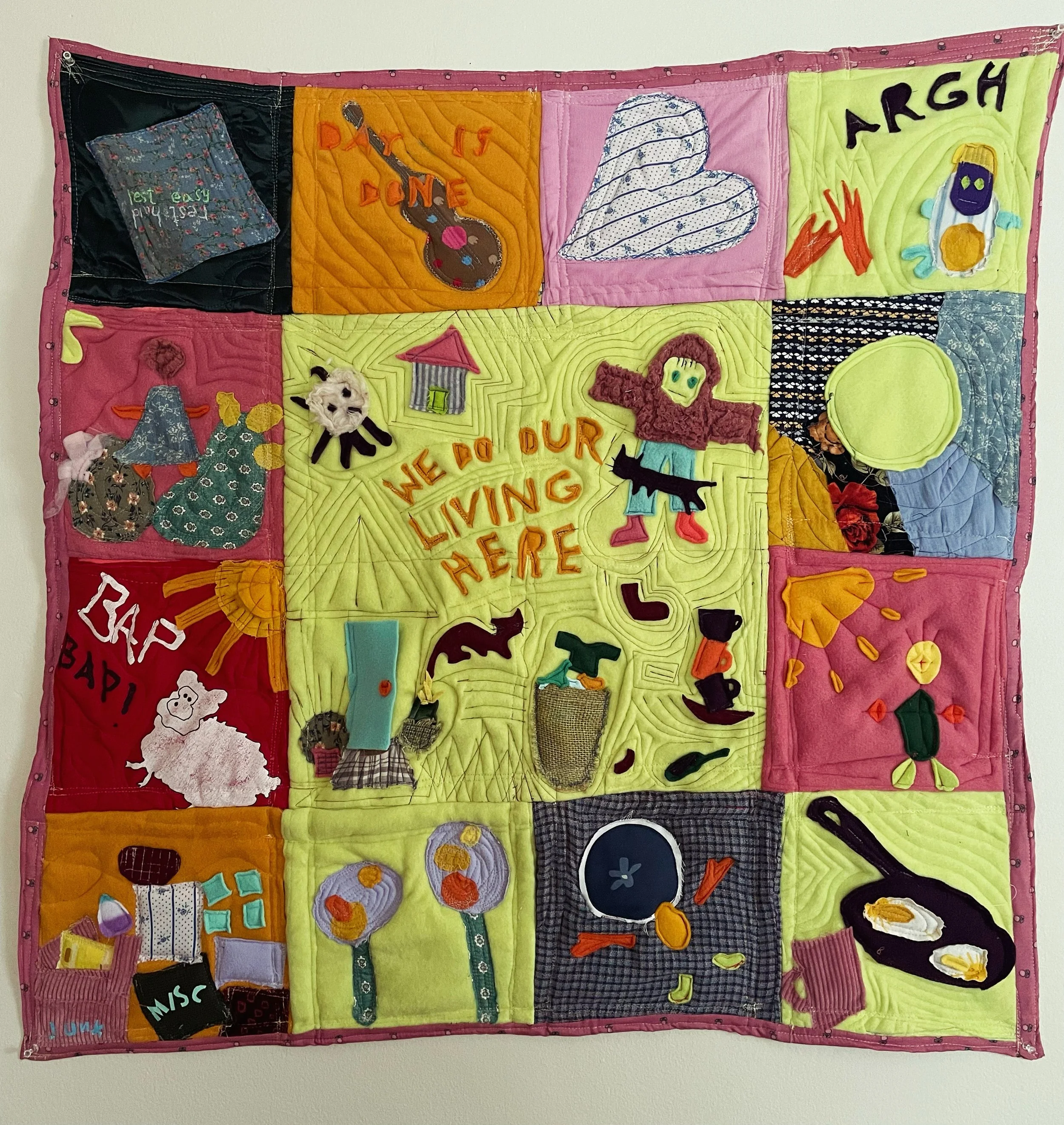 "We Do Our Living Here" 
quilted love letter to my spouse and to our home
Improvisational quilting with mixed & recycled fabrics
Ypsilanti, MI
2023