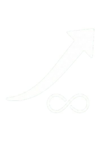 Weiße wachsendende Pfeilkurve und Unendlich-Symbol auf schwarzem Hintergrund