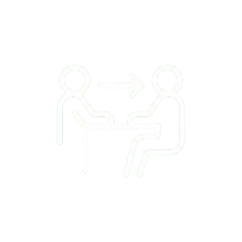 Symboldiagramm mit zwei Personen, die an einem Tisch sitzen, mit einem Pfeil, der einen Austausch zwischen ihnen anzeigt.