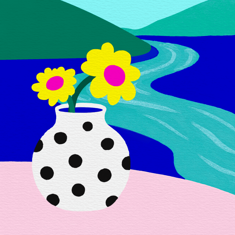 Vase à pois blanc avec tournesols jaunes et rivière turquoise, accompagnement Virage coaching énergétique Claire Maoui
