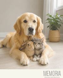 Golden retriever met een konijn en kat samen liggend als warm beeld voor afscheid en herinnering bij Dierencrematorium Memoria