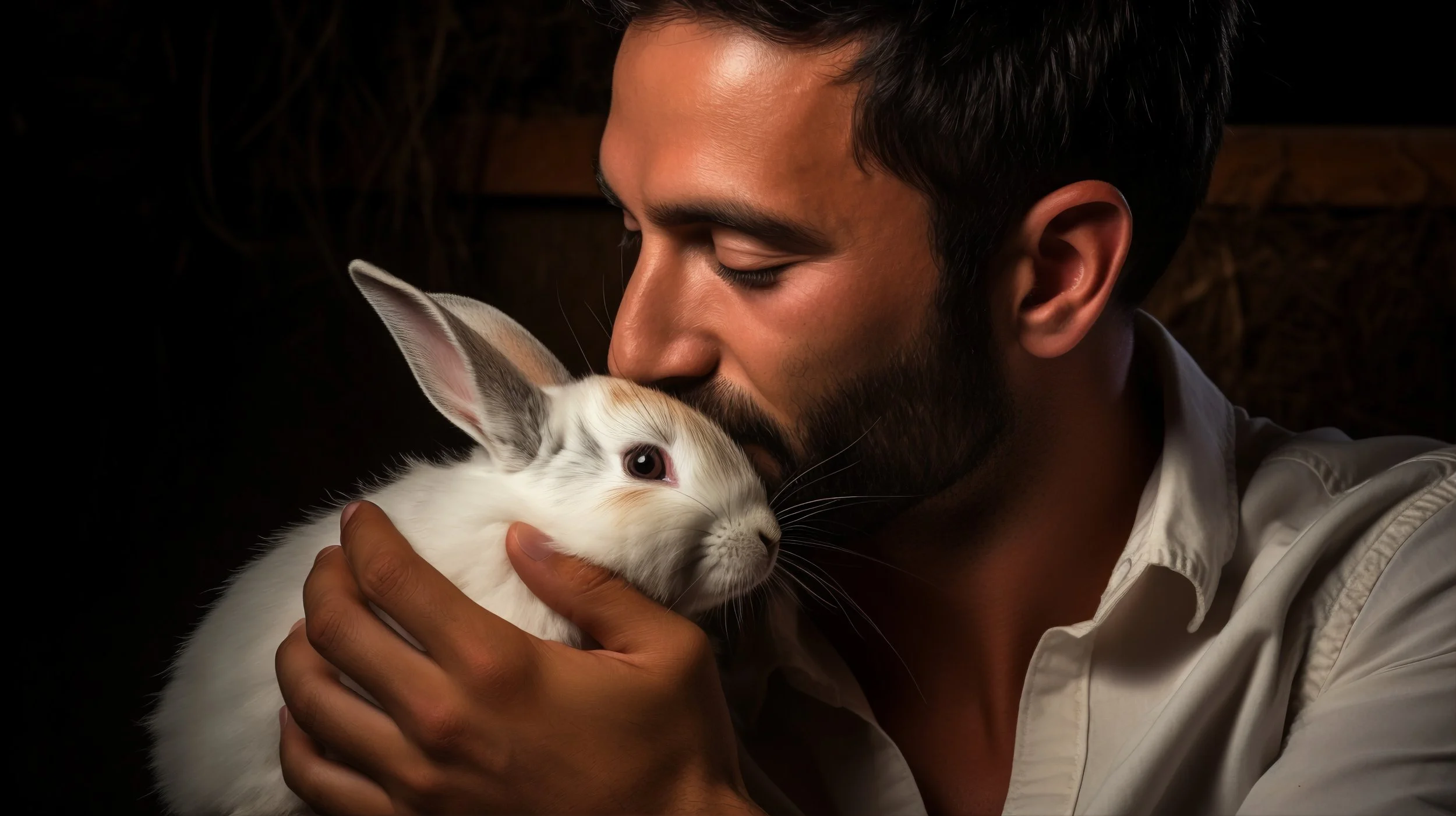 Man houdt liefdevol een wit konijn vast en geeft het een kus, als symbool voor de diepe band tussen mens en huisdier.