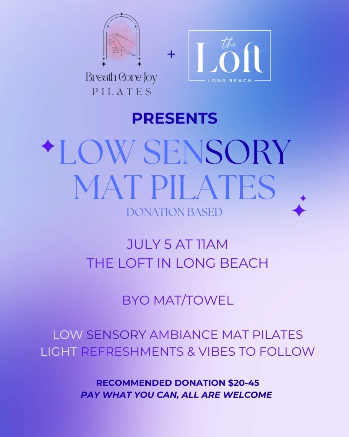 COMMENT: SLOW BURN to reserve your spot! must RSVP

Bring your mat + your tribe. Pay what you can. All levels welcome!

#matpilates #lowsensorypilates #donationbasedpilates