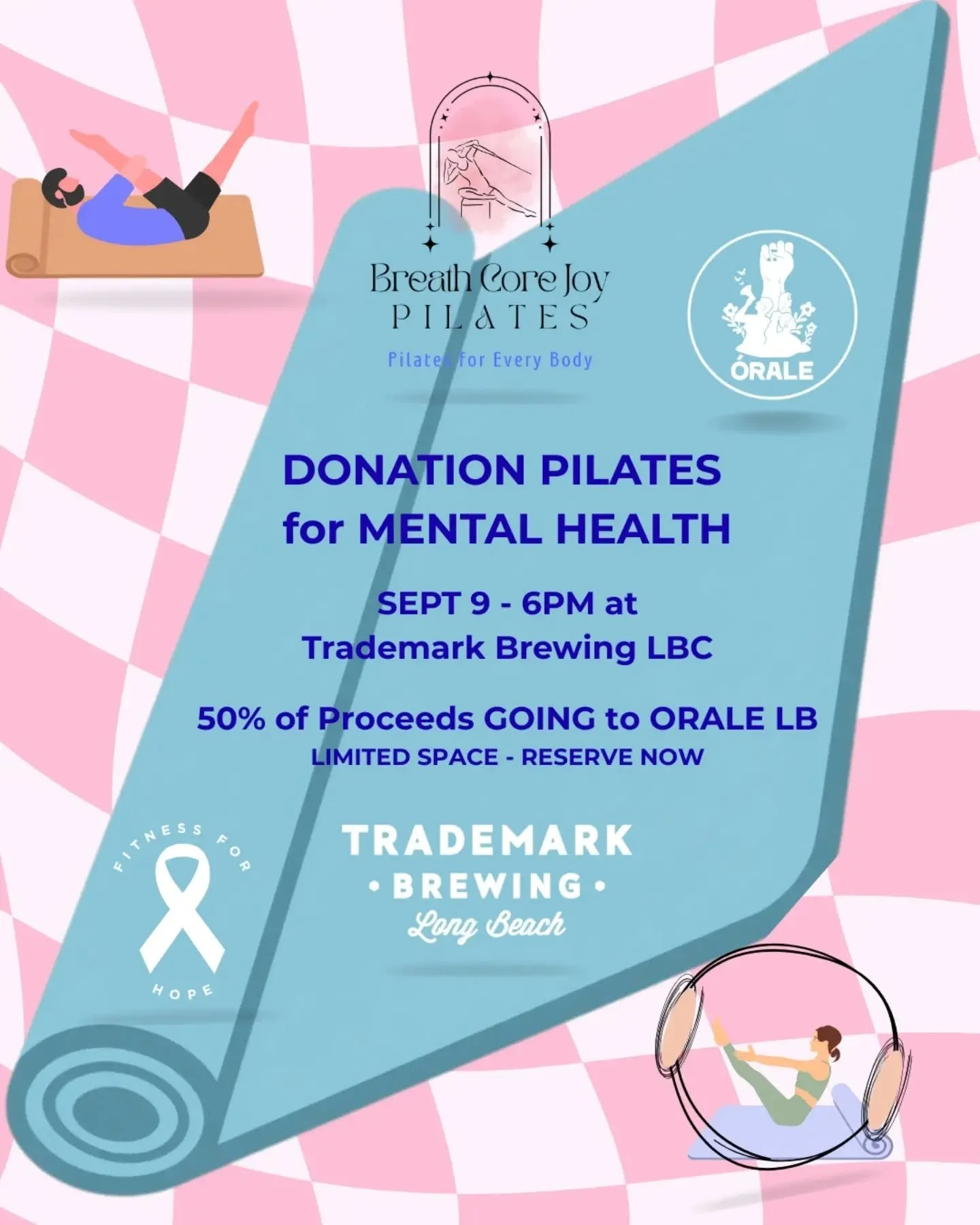 The last of our DONATION PILATES SUMMER SERIES is going to be one for the books!

Pilates for Mental Health ✨ in collaboration with #fitnessforhope #oralelb #trademarkbrewing ✨ 

All Levels &amp; Bodies Friendly Saucy Mat Pilates flow - come ready to