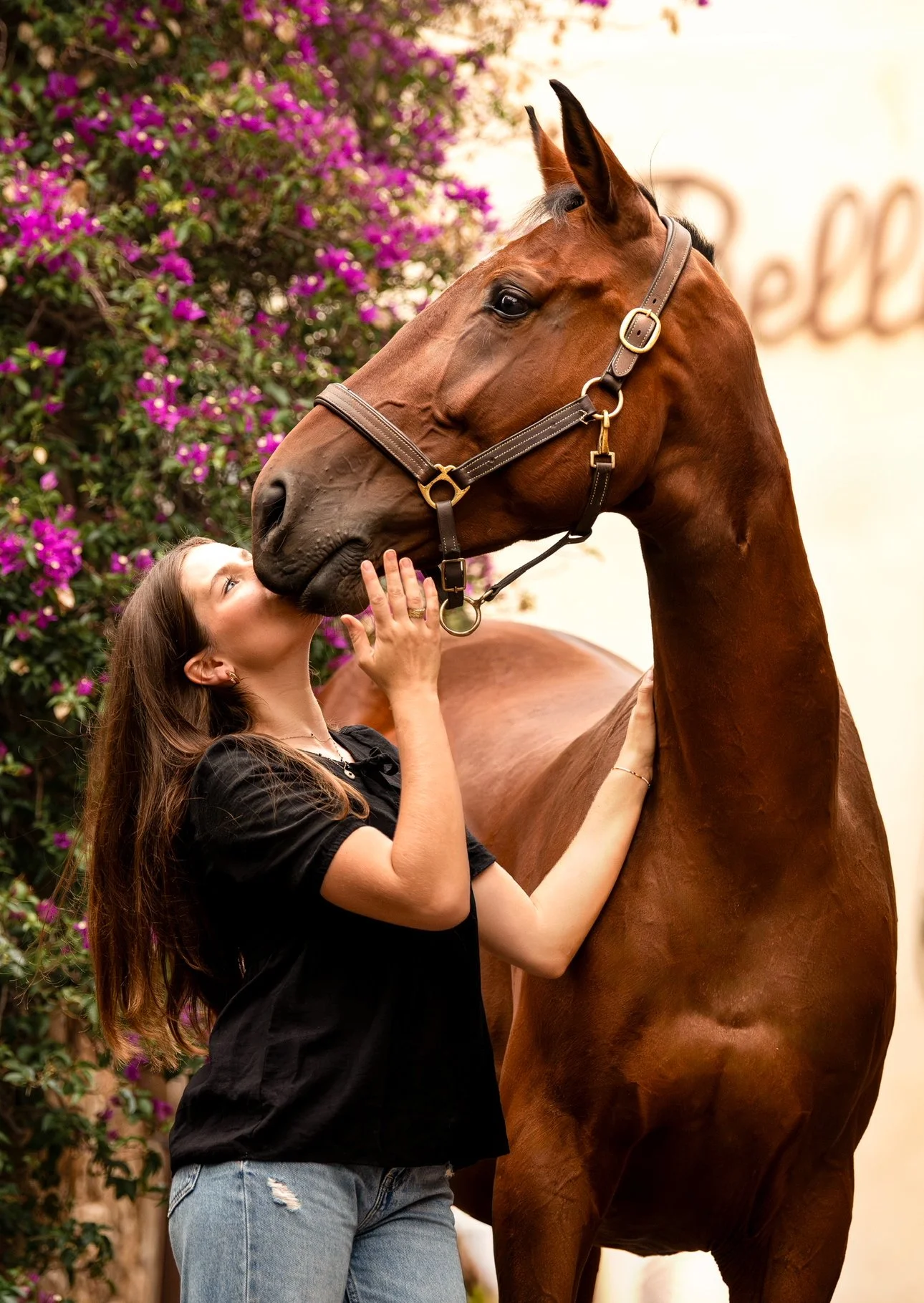 Une femme caresse un grand cheval brun dans un jardin avec des fleurs violettes en arrière-plan.