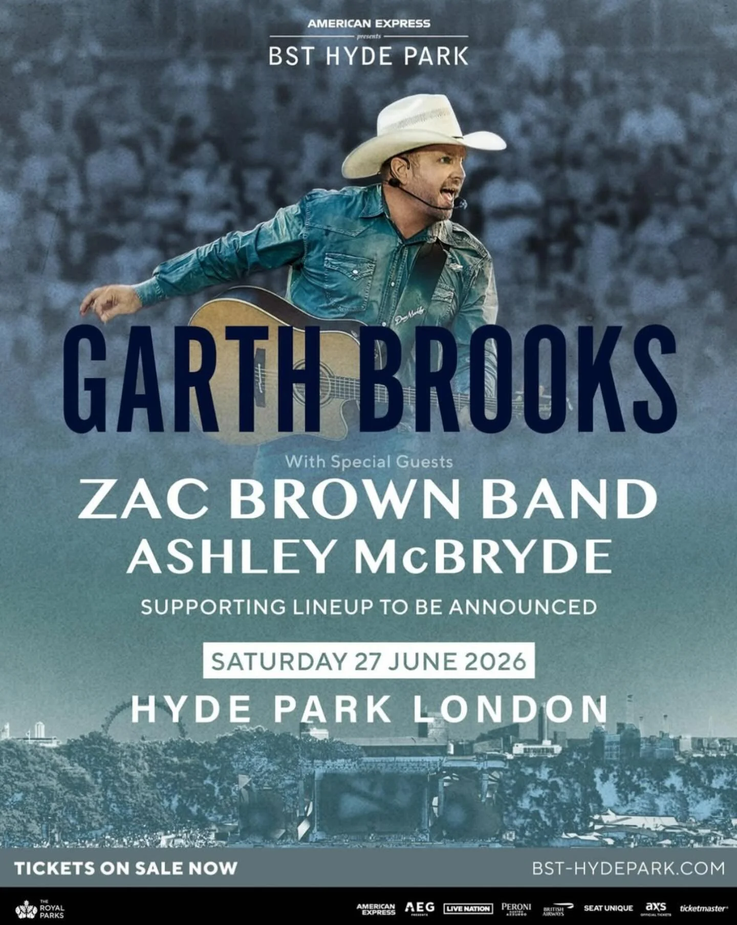 BST have excitingly confirmed today that Ashley McBryde and Zac Brown Band will join Garth Brooks in London next summer. 🤠

📍 Hyde Park, London
📅 27 June 2026
🎟️ Tickets still available
