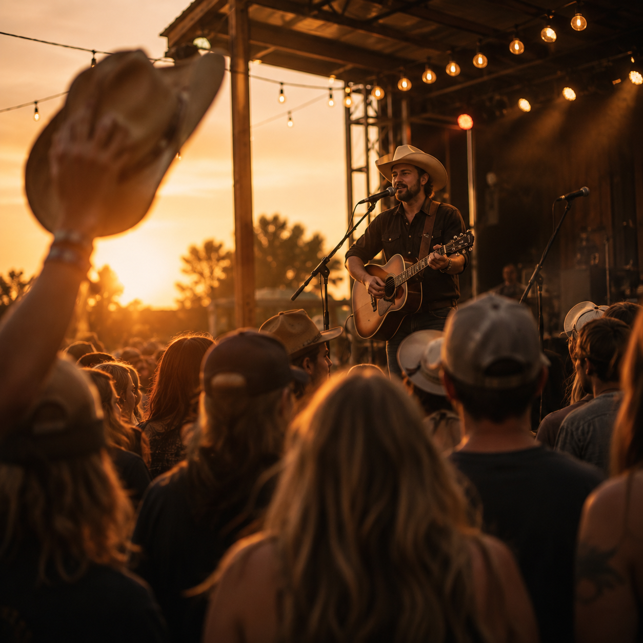 Country artist performing with an acoustic guitar on an outdoor stage at sunset, watched by a crowd of country music fans.