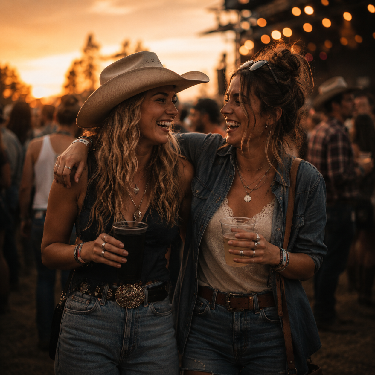 Two country music fans laughing together at an outdoor festival, wearing denim and western-inspired clothing.