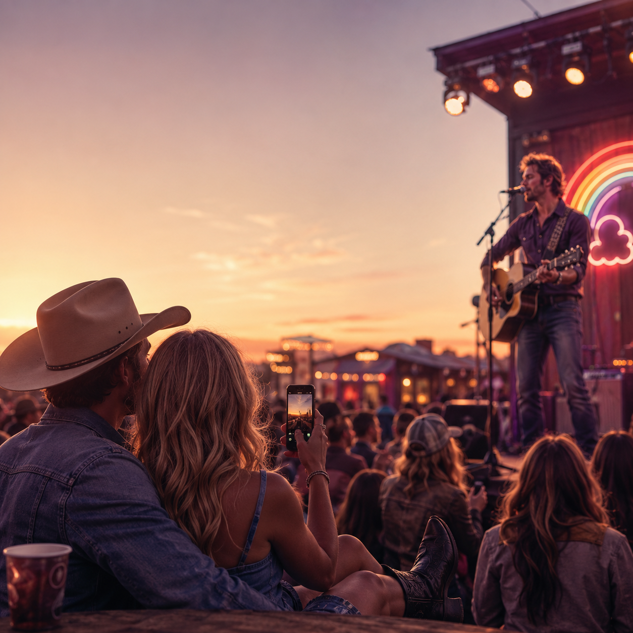 Country music fans watching a live country artist perform on stage at sunset, with warm festival lights and a neon rainbow in the background.