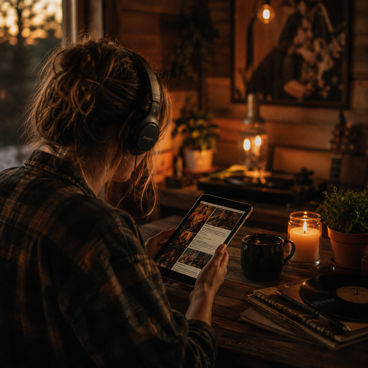 Country music fan wearing headphones and browsing music content on a tablet in a warm, relaxed setting.