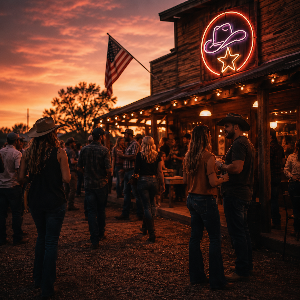 Country music fans gathered outside a rustic live music venue at sunset with warm lights and western-style décor.
