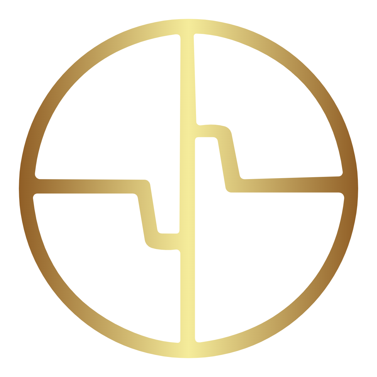 Gold-colored pie chart divided into four equal segments, with the top segment marked with a vertical line, the right segment with a horizontal line, the bottom segment with a zigzag line, and the left segment empty.