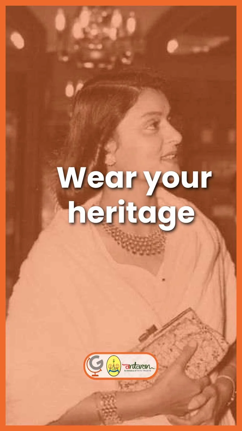 Profile of a woman in traditional attire, with "Wear your heritage" text overlay and Antaran logo.