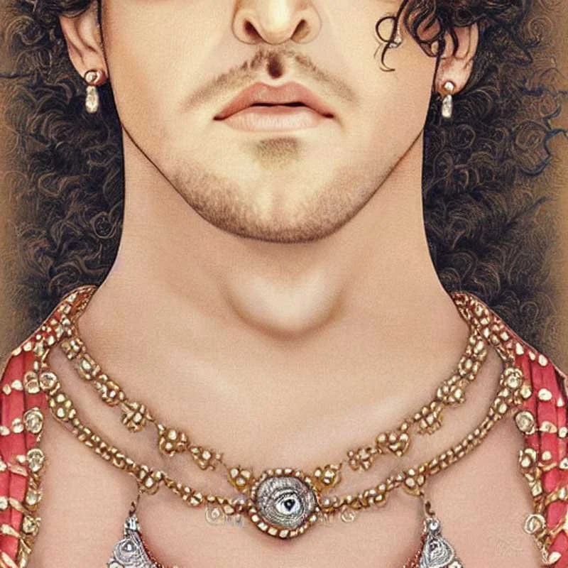 Illustration of a person with curly hair, wearing ornate jewelry around their neck and ears, featuring a detailed necklace with a pendant and earrings.