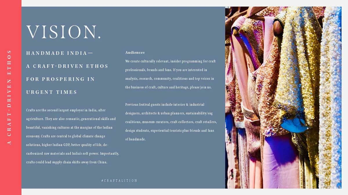 Promotional material for "Handmade India: A Craft-Driven Ethos for Prospering in Urgent Times." Features text about the importance of crafts in India's economy and culture, along with an image of colorful, embellished garments on hangers.
