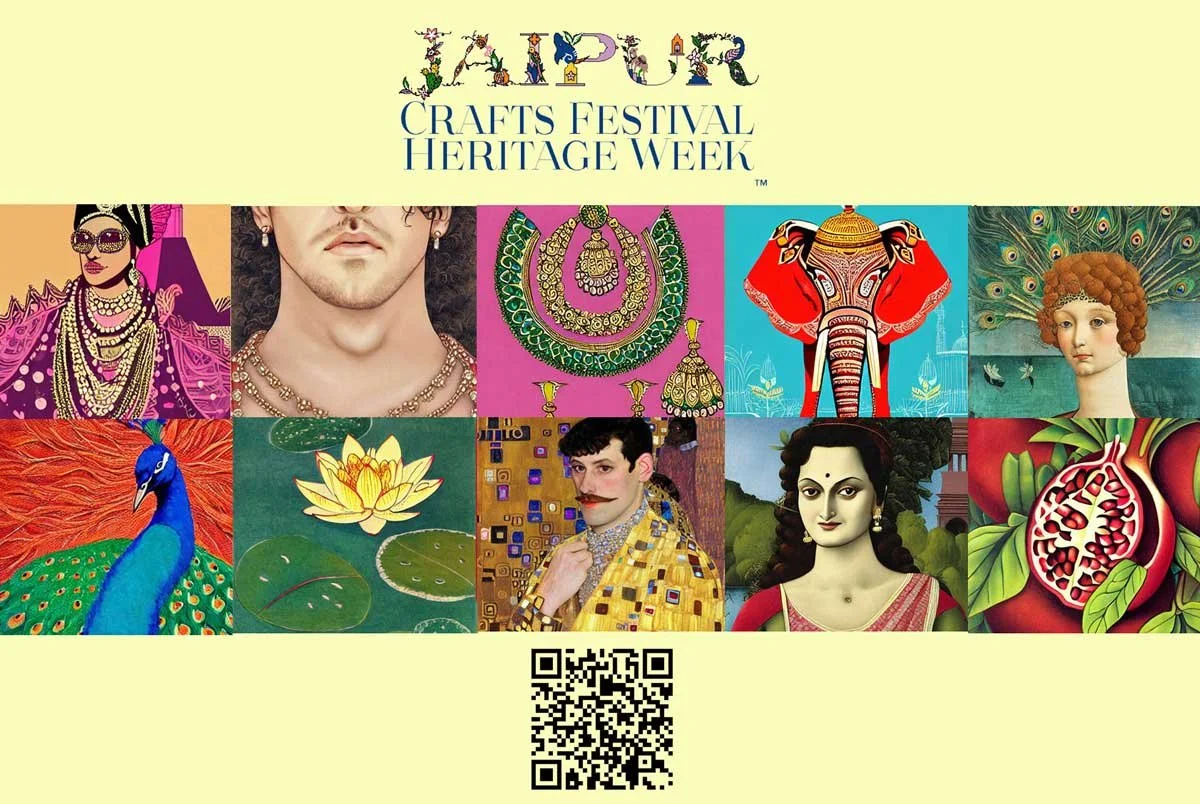 Collage of colorful artwork featuring stylized portraits, peacocks, lotus flowers, an elephant, and a pomegranate. Text reads 'Jaipur Crafts Festival Heritage Week.' Includes a QR code at the bottom.