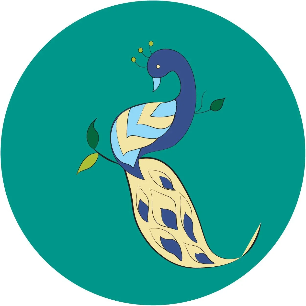Stylized peacock illustration with a colorful tail on a teal background.