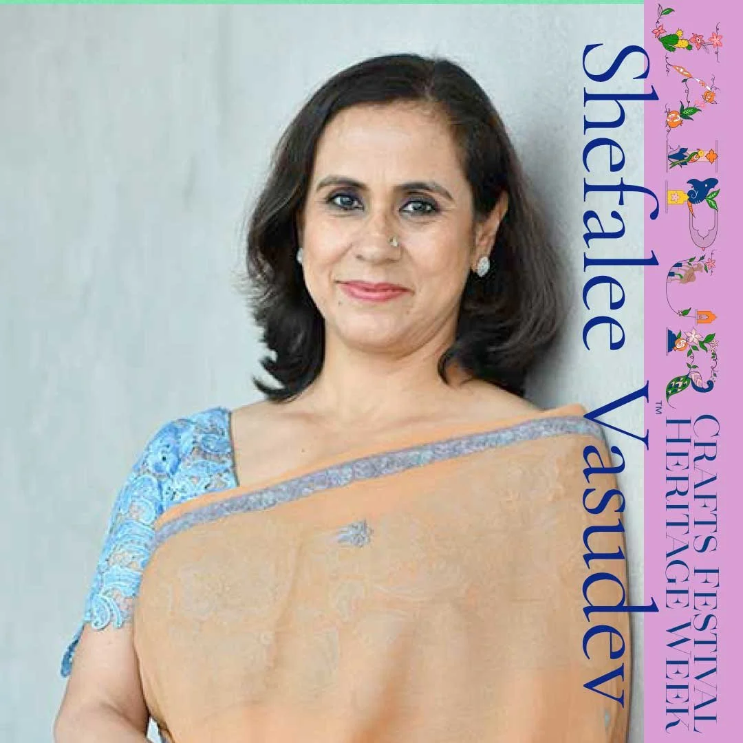 Woman in a peach and blue sari with "Crafts Festival Heritage Week" text.