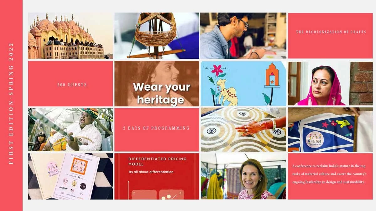 Collage promoting an event focused on crafts and heritage with text and images of cultural activities, guests, and decorative art. Highlights include '500 guests,' '3 days of programming,' 'Wear your heritage,' and discussions on 'The Decolonization