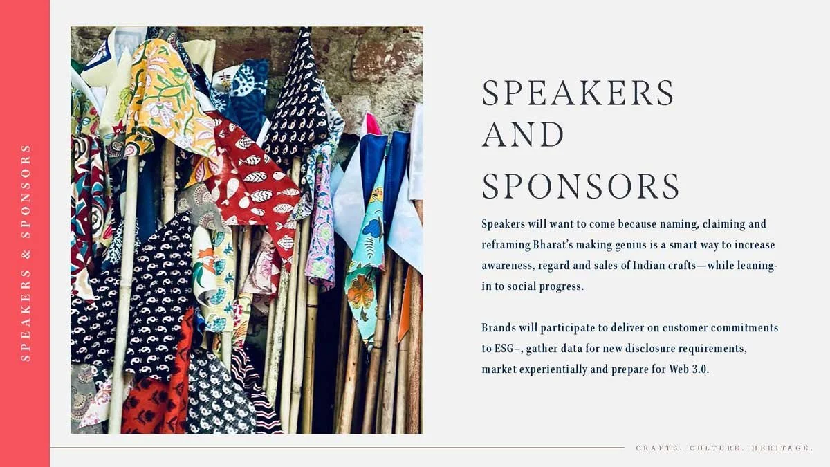 Colorful Indian fabrics displayed on poles, text discussing speakers and sponsors for an event promoting Indian crafts and market trends, focusing on ESG commitments and web 3.0 preparation.