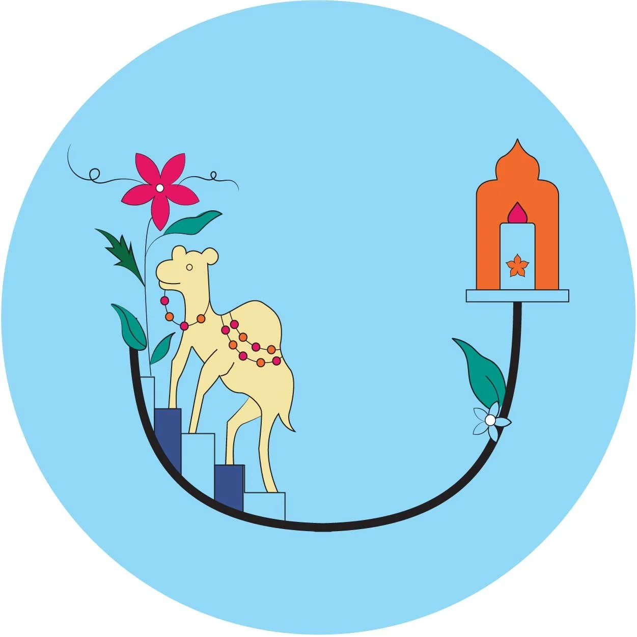 Illustration of a camel wearing beads, standing on steps next to a pink flower and leaves, connected by a line to an orange and purple monument.