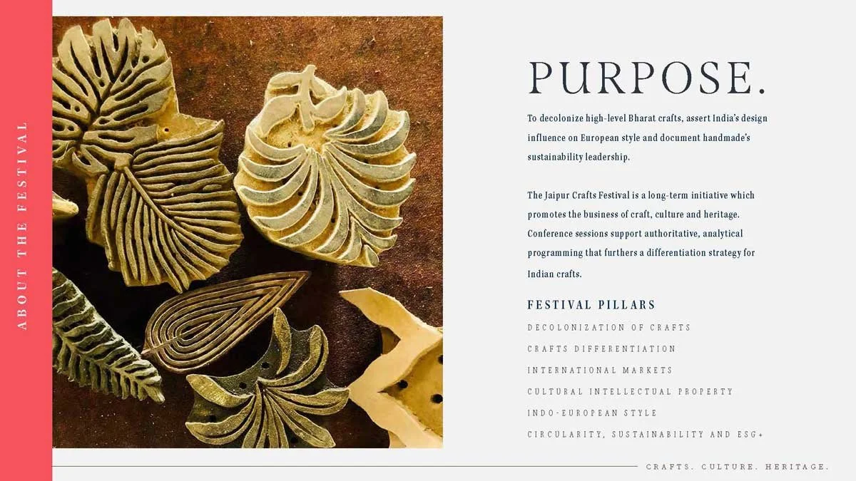 Wooden stamps with leaf designs and text about the Jaipur Crafts Festival emphasizing decolonization, craftsmanship, and cultural heritage.