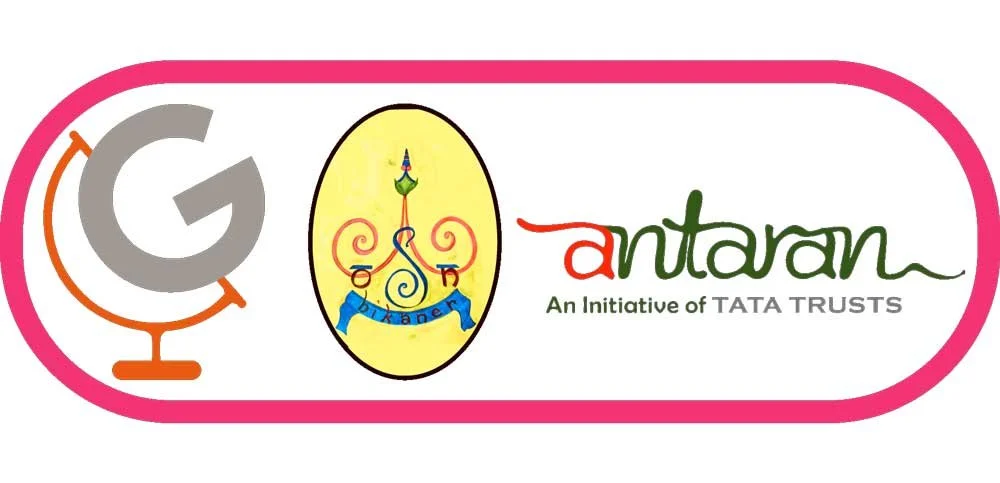 Logo featuring a stylized letter "G" shaped as a globe, an emblem with intricate design and the word "Bikaner," and the text "Antaran, An Initiative of TATA TRUSTS" on a white background with a pink border.