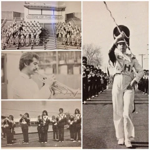 A collage of four black-and-white photographs from a school or marching band's day, featuring students in band uniforms, a drum major leading, and a group of musicians performing.