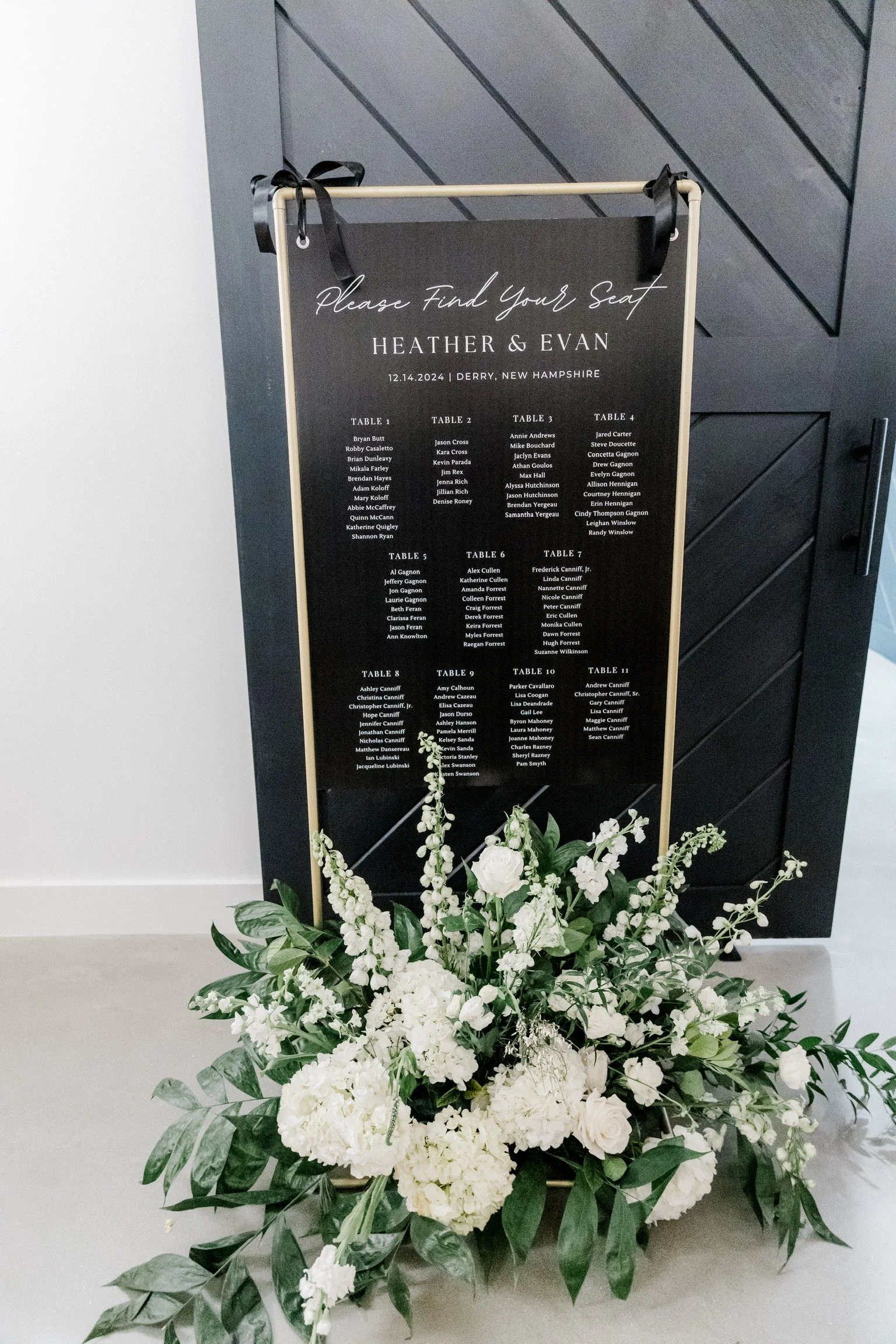 Wedding seating chart with table assignments and floral arrangement.