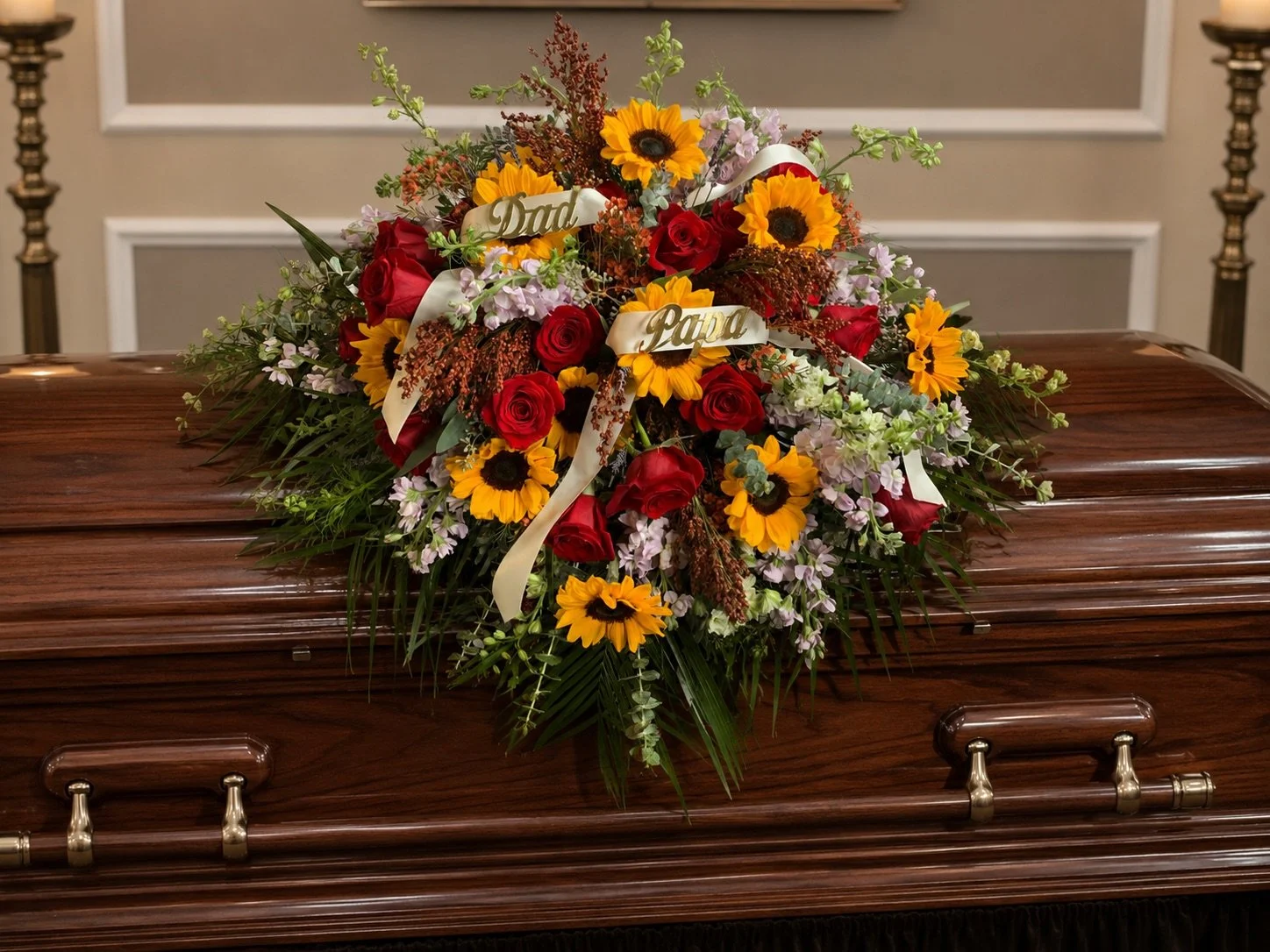 Flower arrangement with red roses, yellow sunflowers, and light purple flowers on a dark wooden casket, with a ribbon that says 'Dad' and 'Papa'.