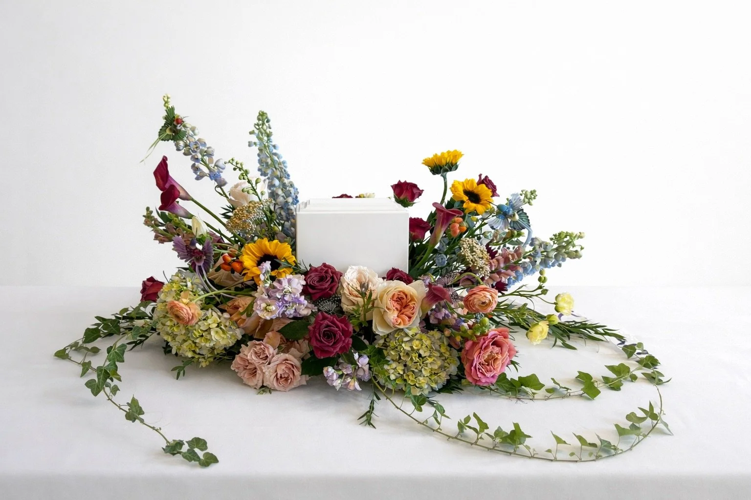 A white rectangular box surrounded by a colorful array of flowers including roses, sunflowers, lilies, and other blossoms, arranged in a semi-circular display on a white surface against a plain white background.