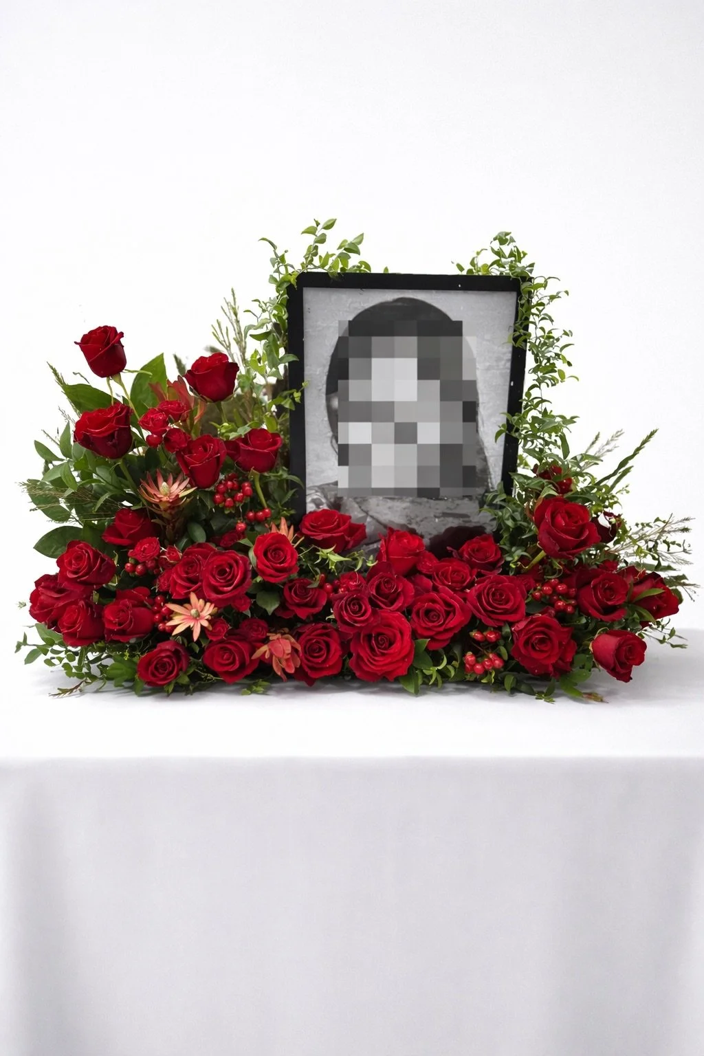 A memorial display with red roses, greenery, and a pixelated portrait photo on a white table with a white background.
