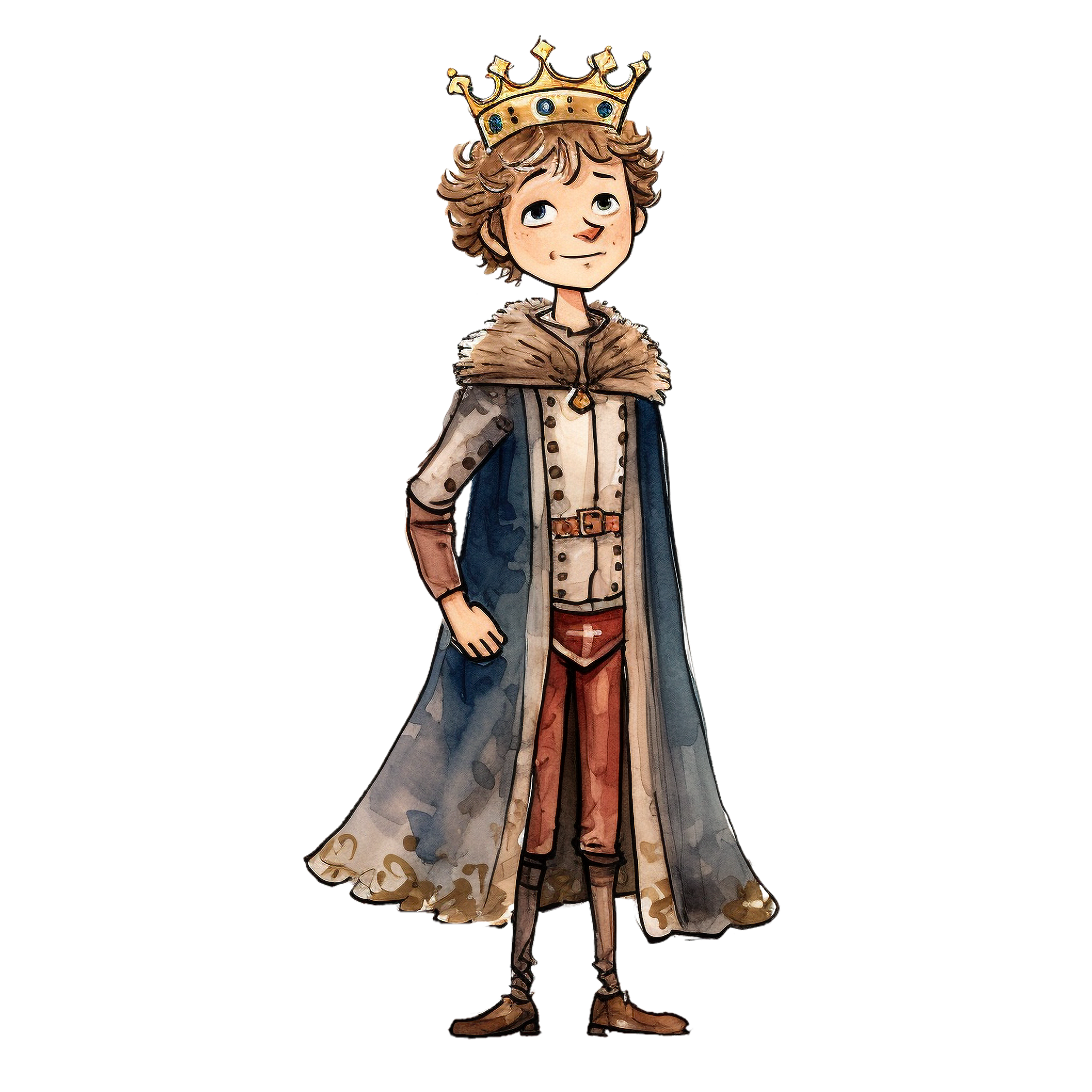 Drawing of a teenage king with a crown on his head and a blue robe.