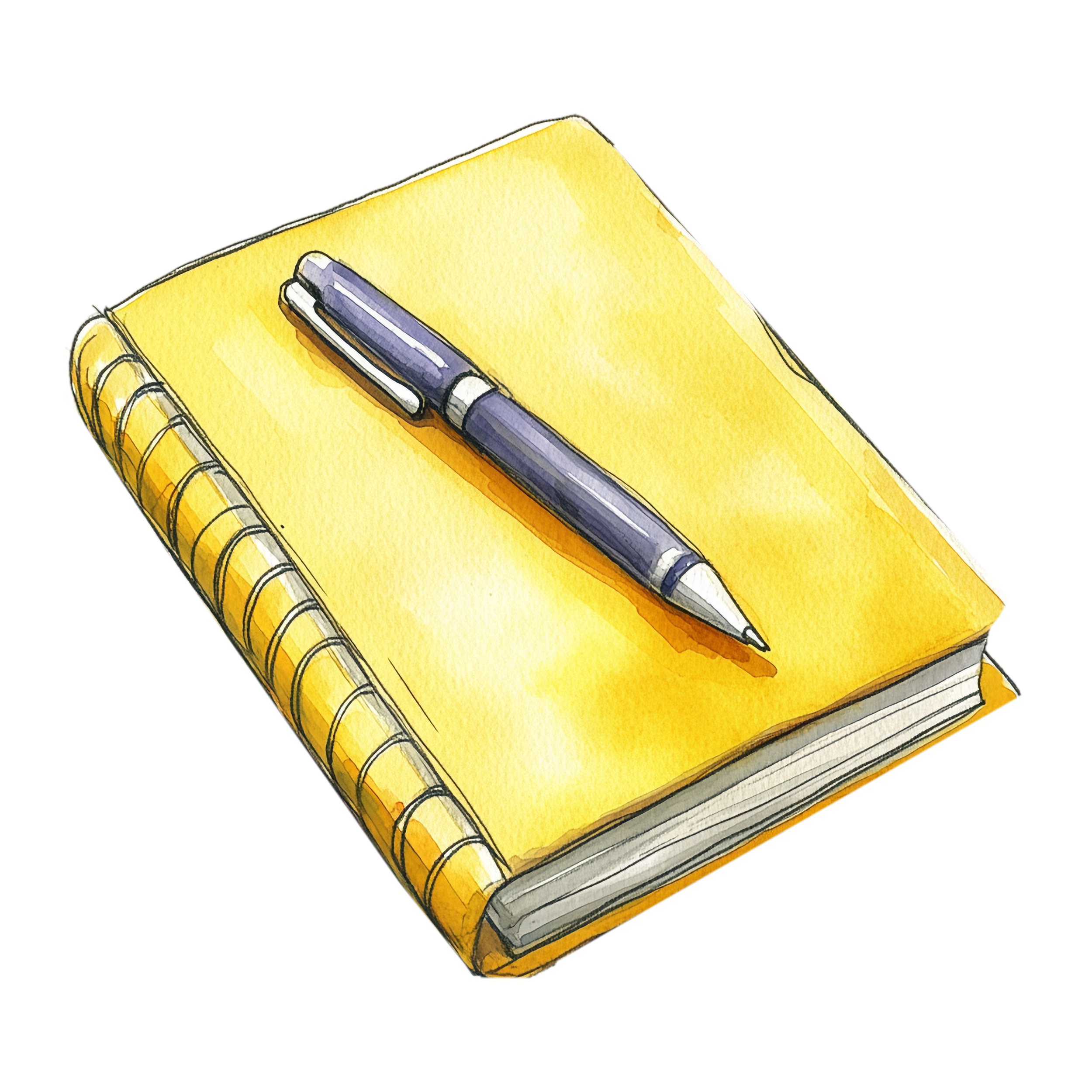 Drawing of a yellow book with a grey pen on top.