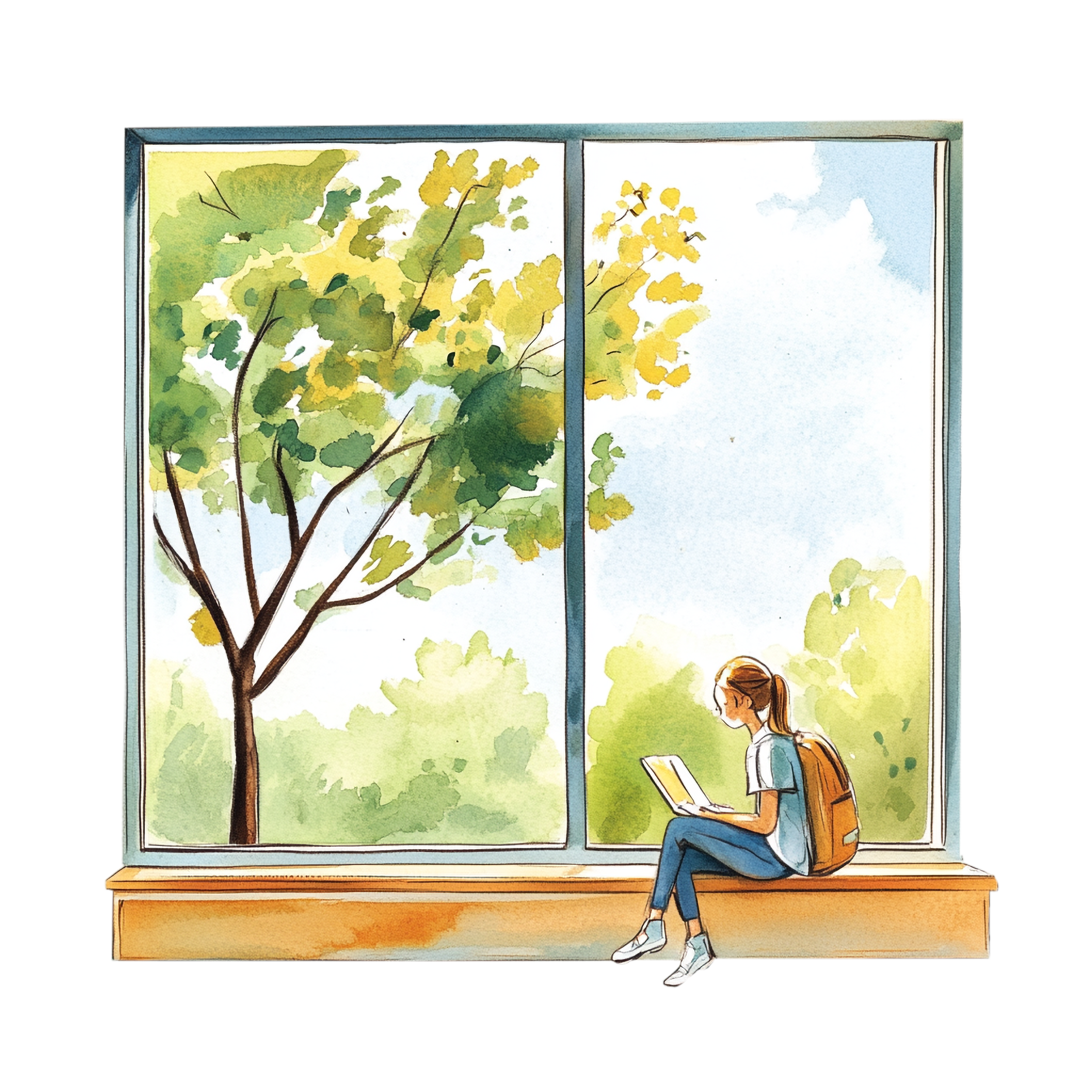 Drawing of a girl with a ponytail sitting by a large window reading a book.