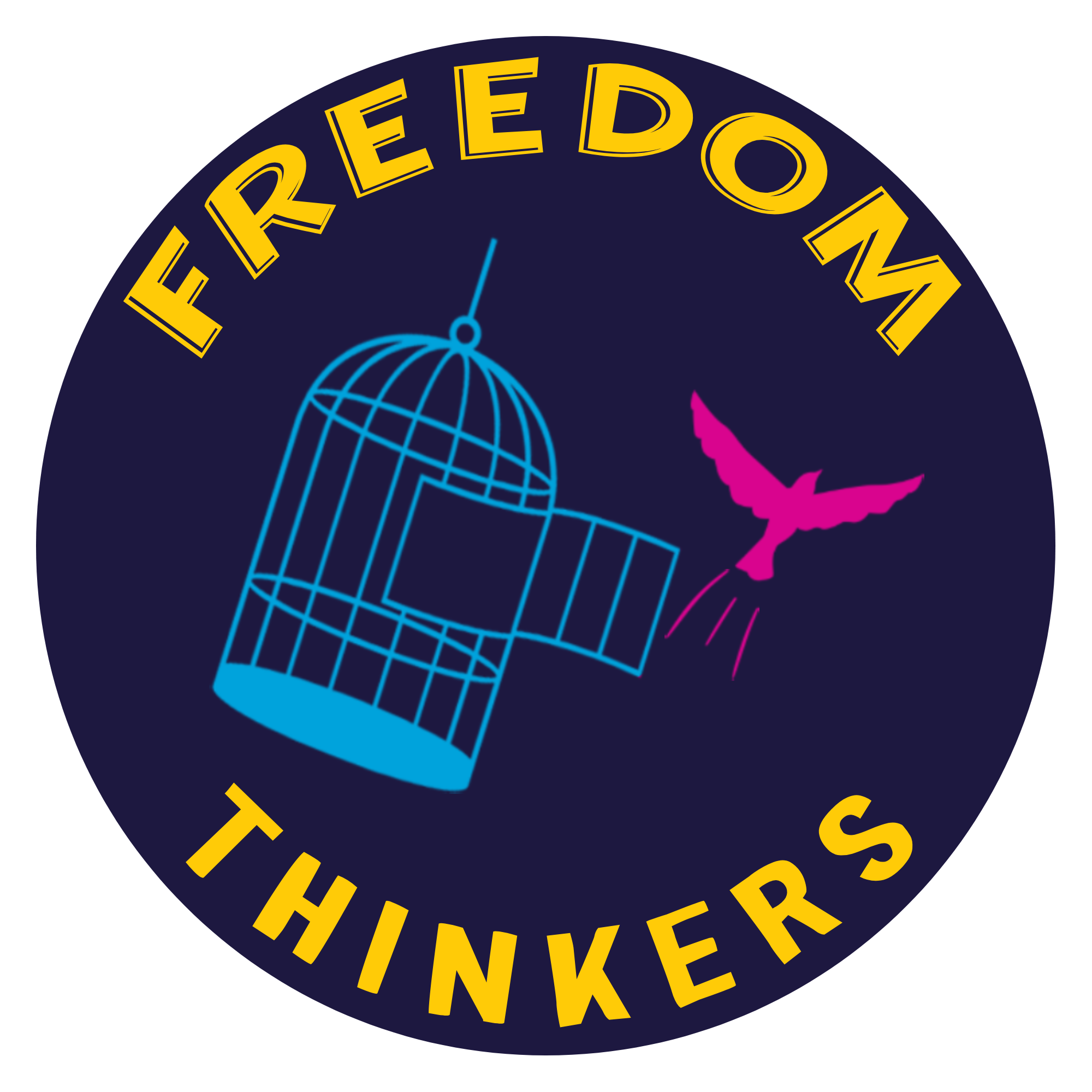 A bird busting out of its cage with the words Freedom Thinkers around it.