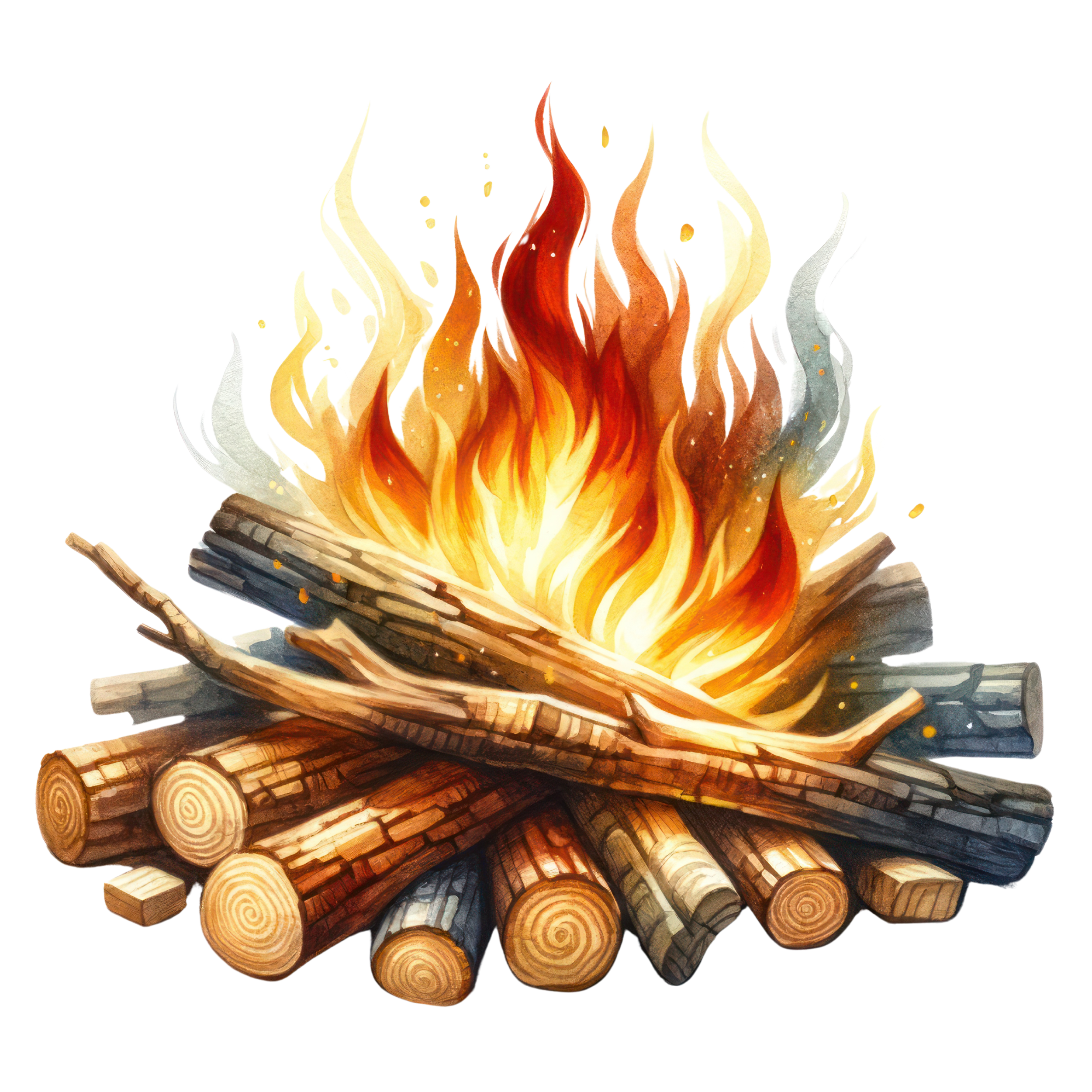 Drawing of a bonfire with a bunch of logs underneath.