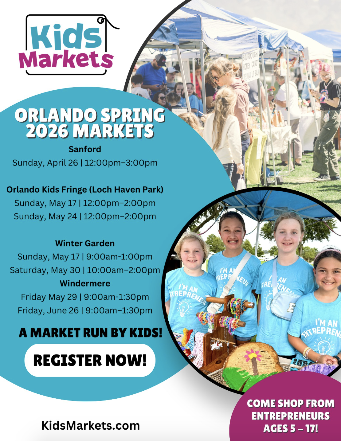 A flyer for Orlando FL area kids markets with dates, times, and smiling kids.