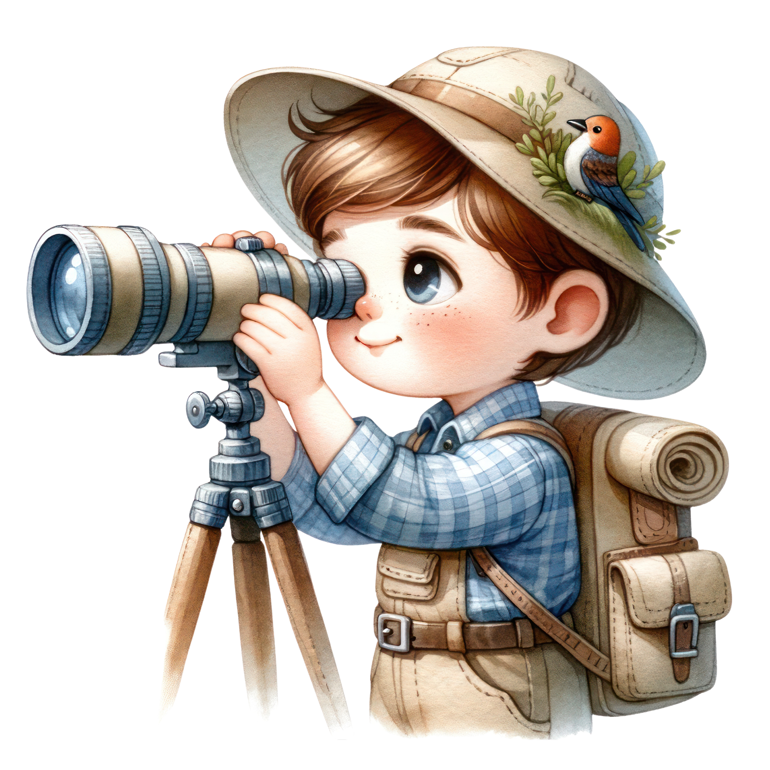 Drawing of a little boy looking through a small telescope.