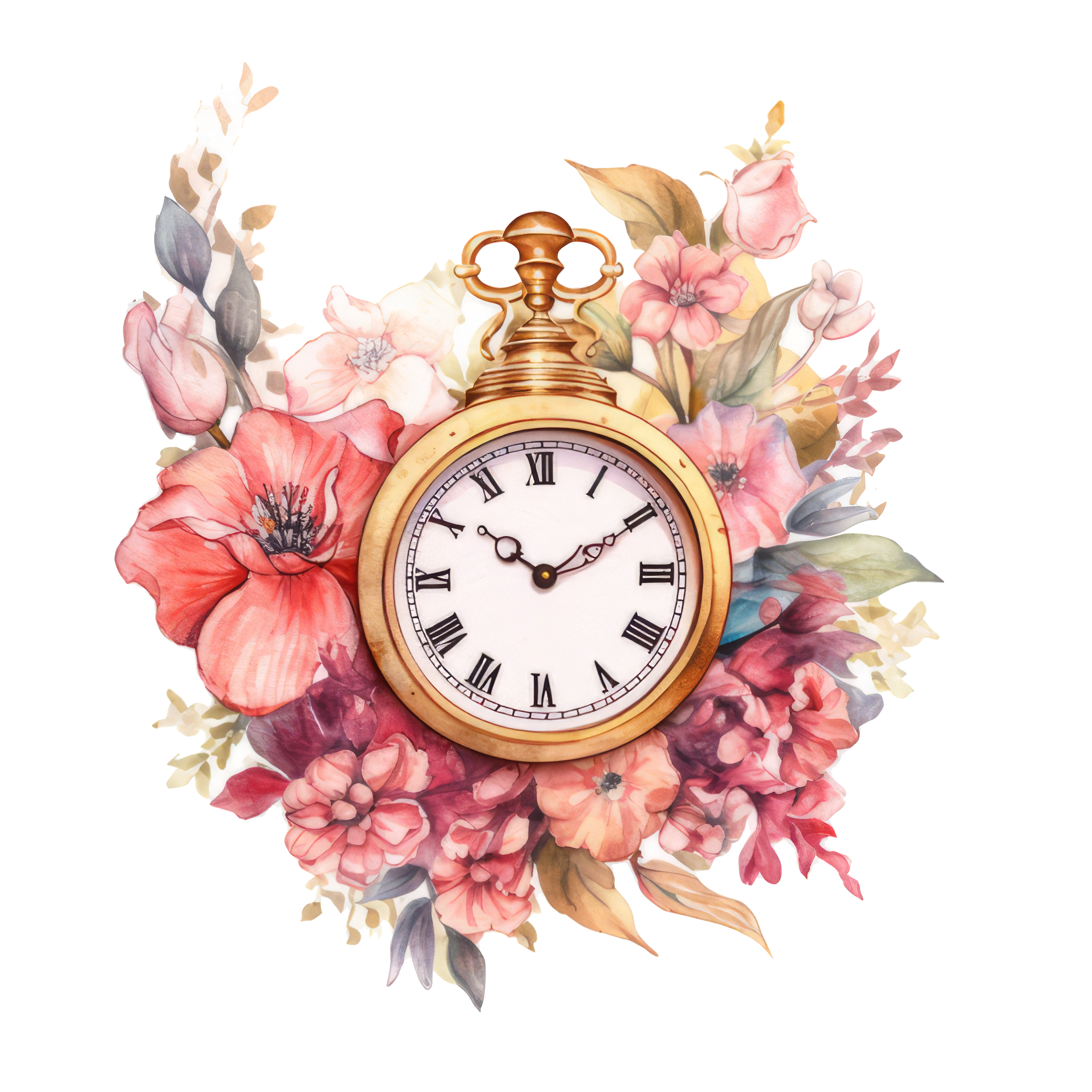 Drawing of an older pocket watch with colorful flowers around it.