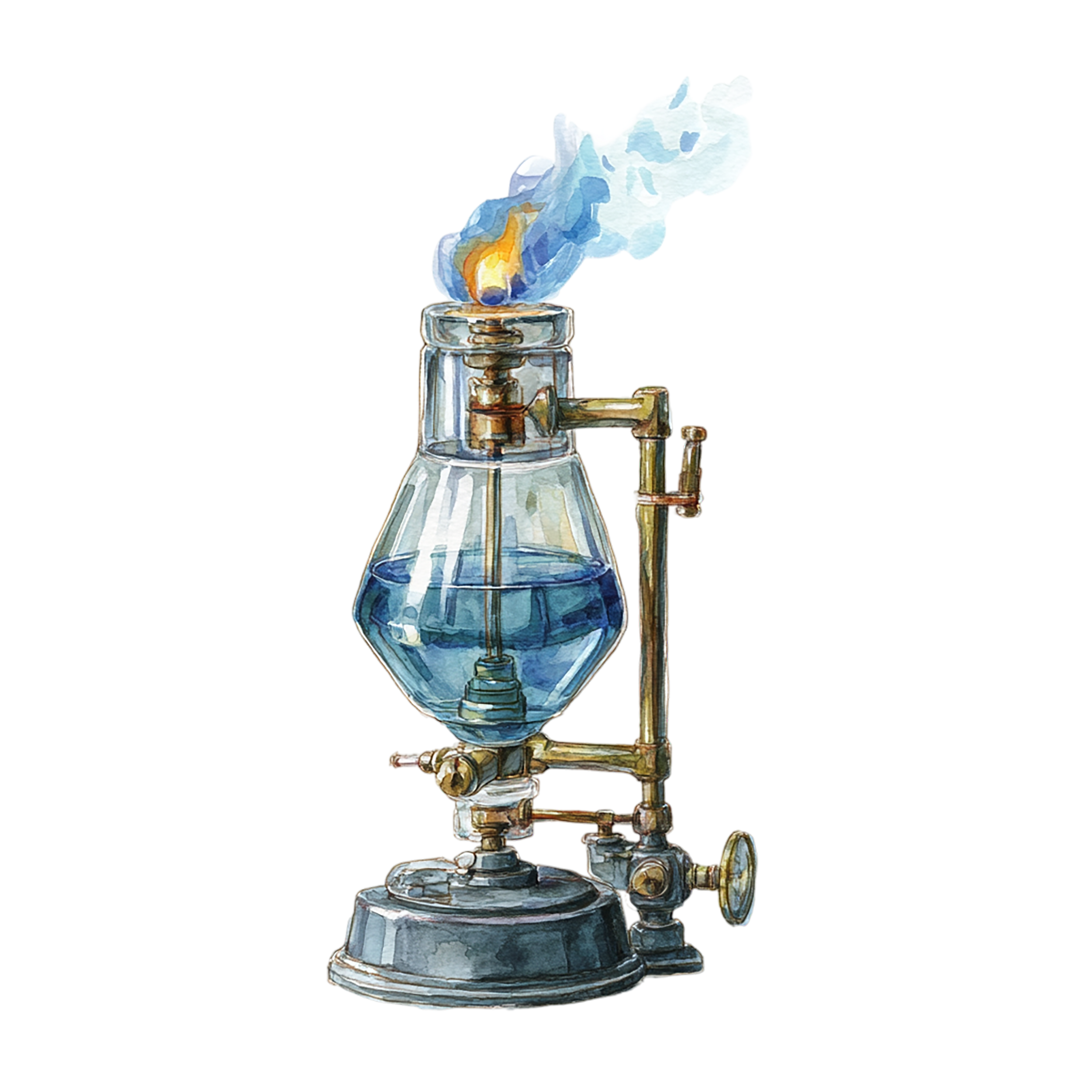 Drawing of a blue liquid with a flame on top from a science lab.