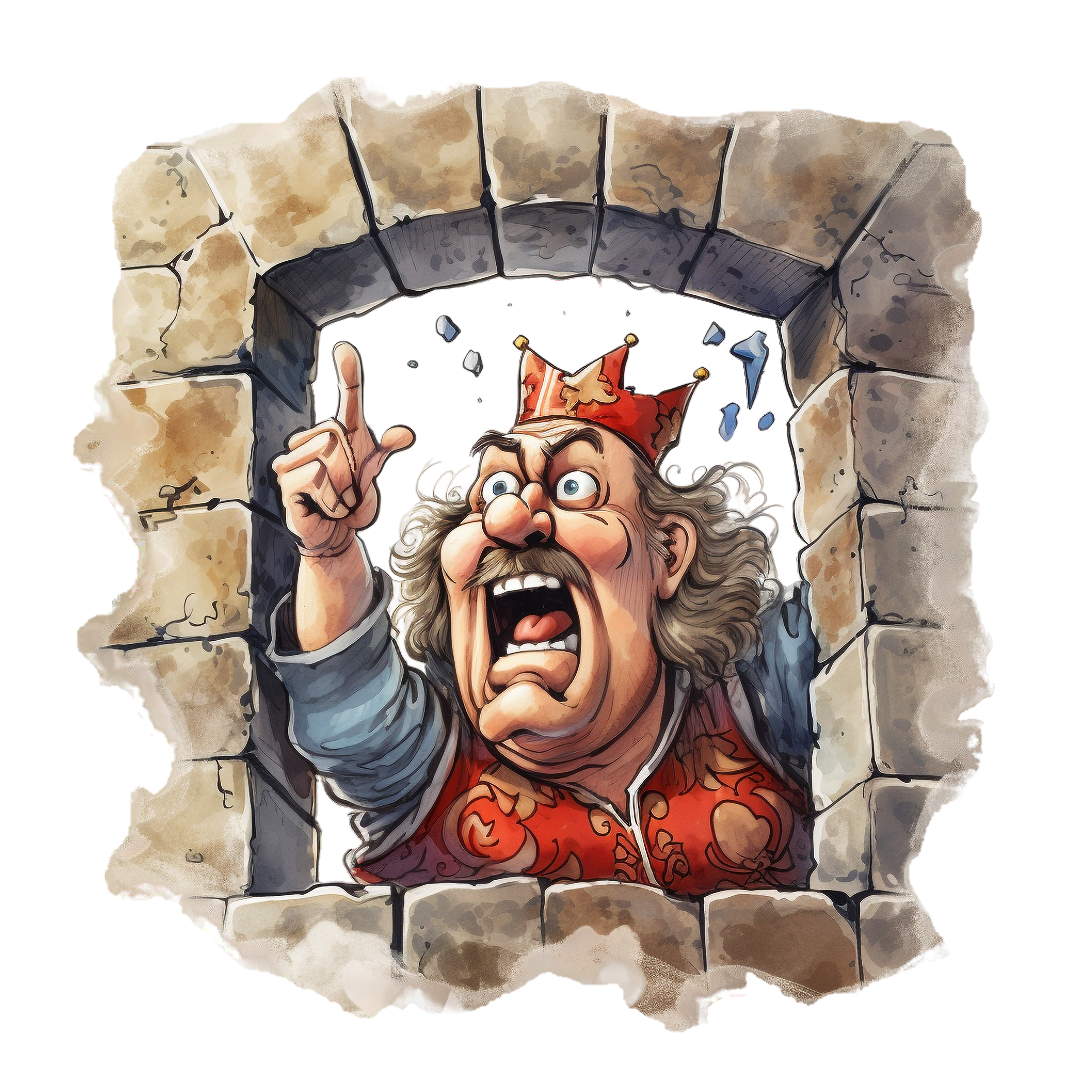 Drawing of a king with a crown on his head yelling out a window with his hand pointed to the sky.
