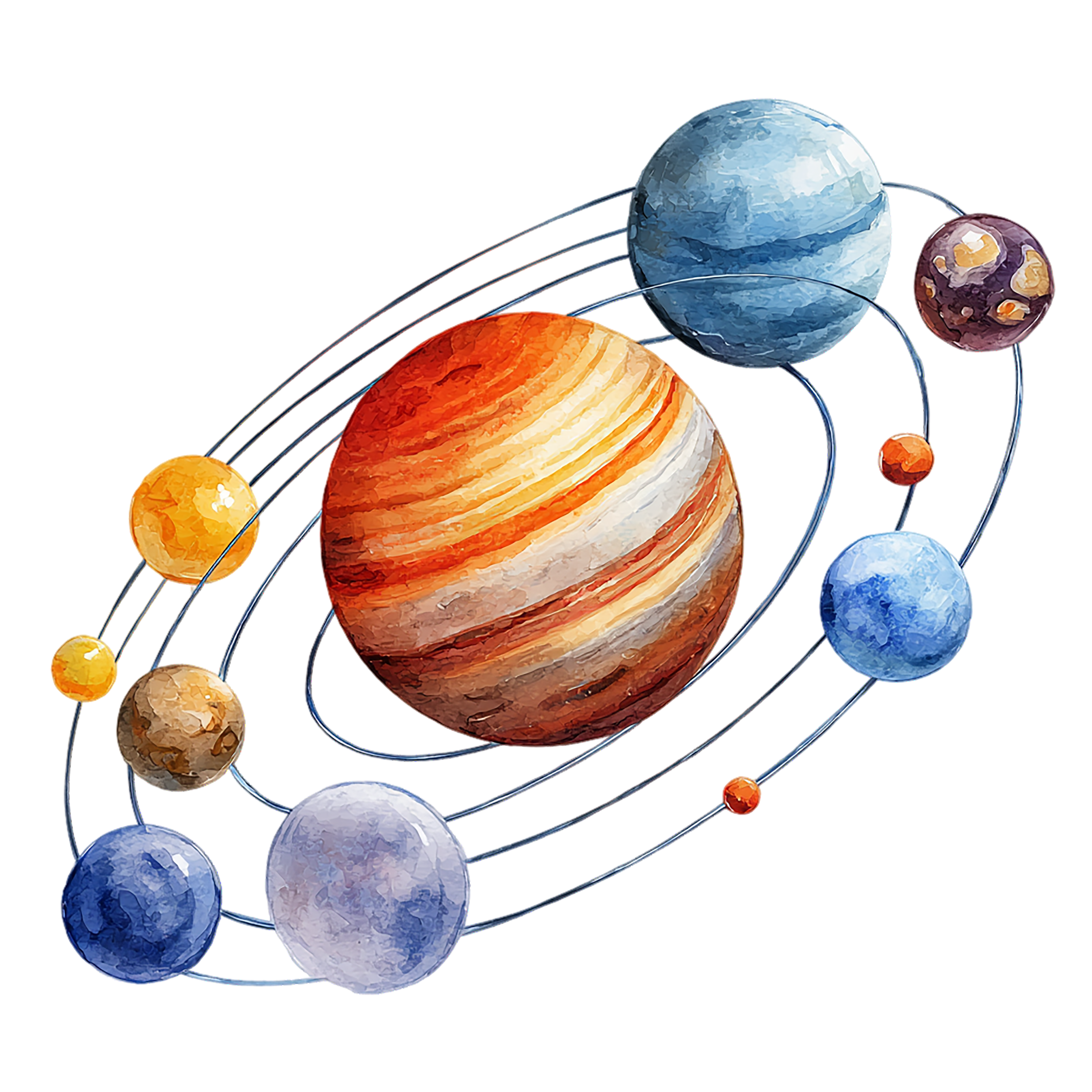 Colorful drawing of the planets rotating around the sun.