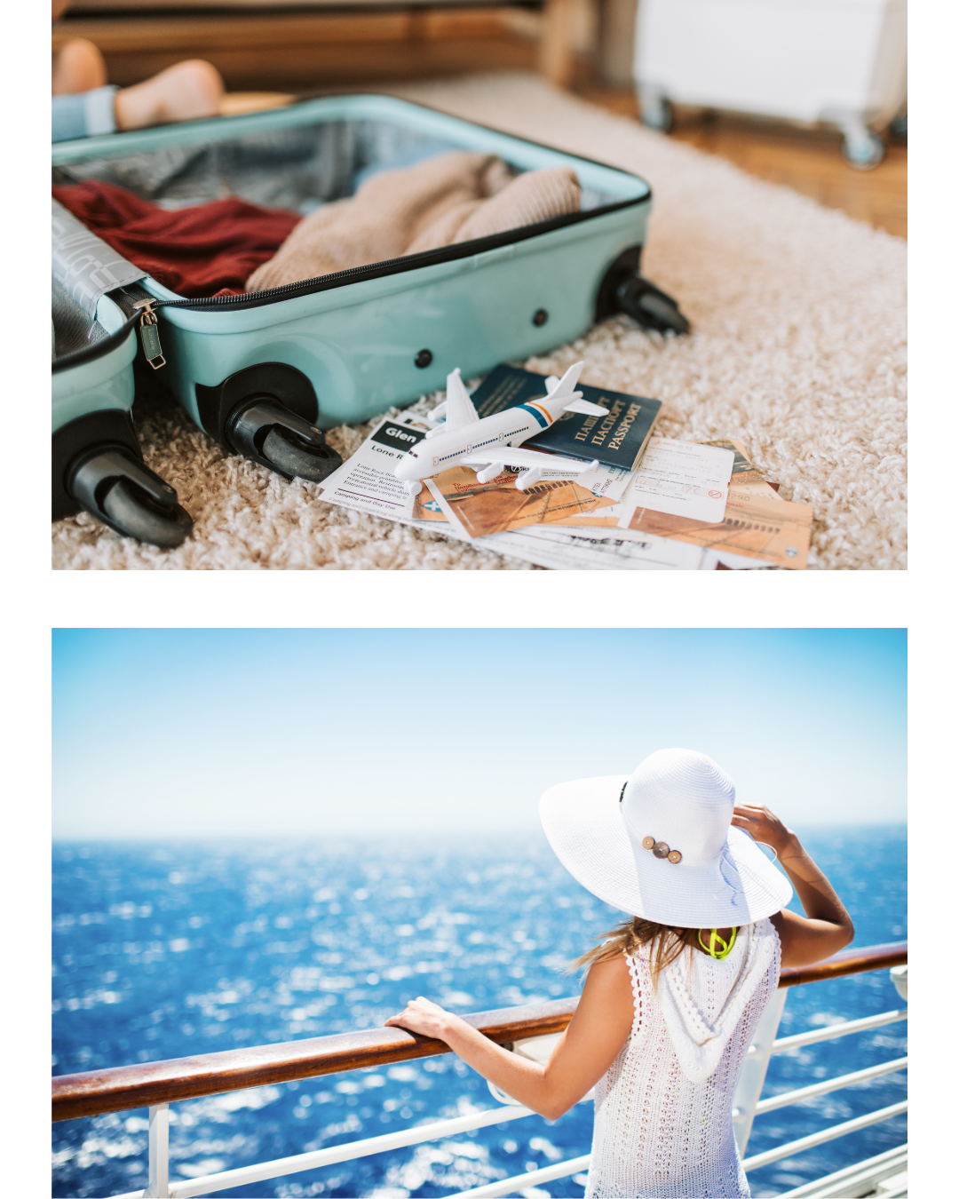 Open turquoise suitcase on a beige carpet, filled with clothes, alongside a toy airplane, a UK passport, and travel documents. In the background, a girl with a white sunhat and sleeveless white dress looking over a boat railing at a sparkling blue ocean.