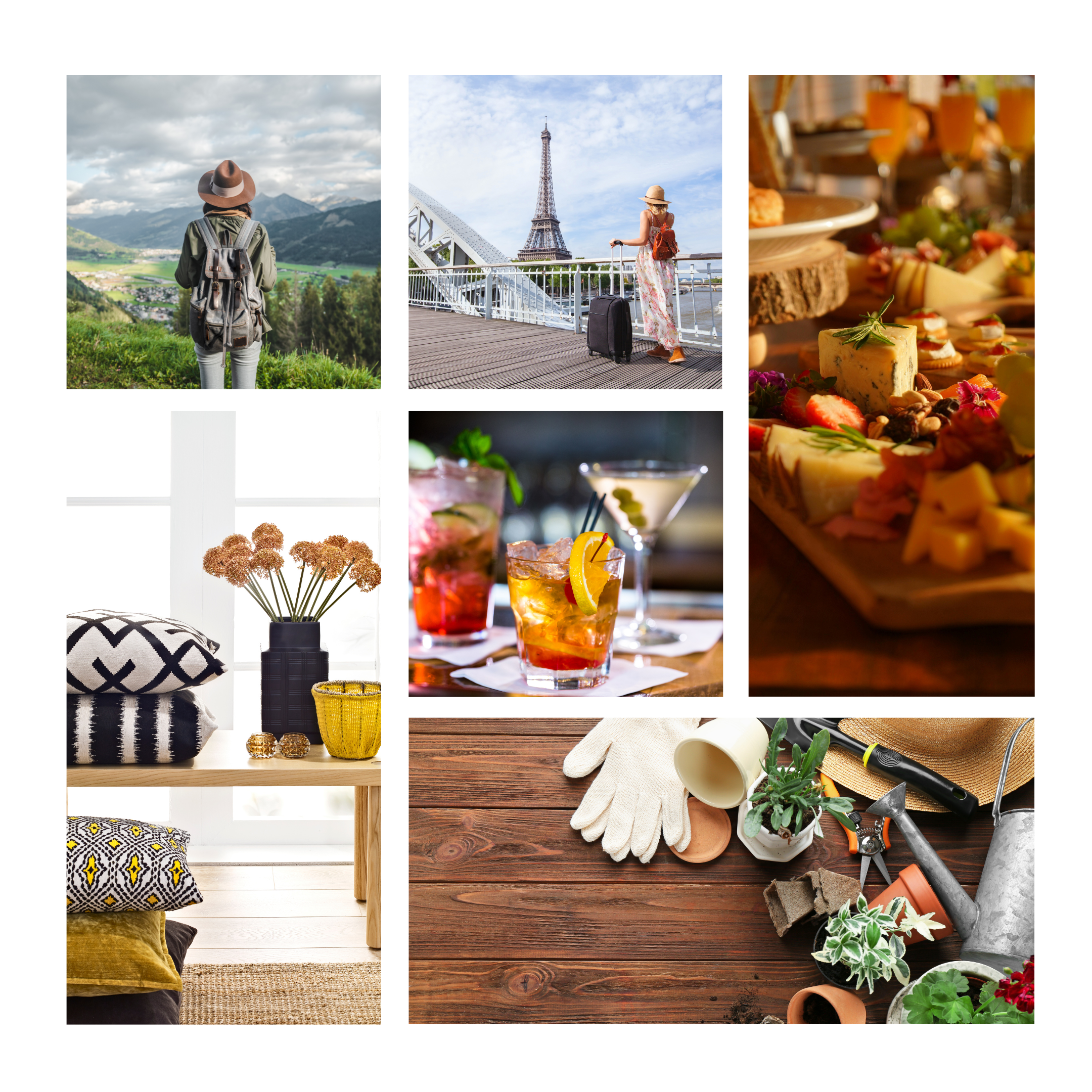 Collage of travel and lifestyle images, including a woman with a backpack looking at mountains, a woman with a suitcase observing the Eiffel Tower around Paris, and a table of cheese, crackers, and wine, along with gardening tools, plants, and cozy interior decor.