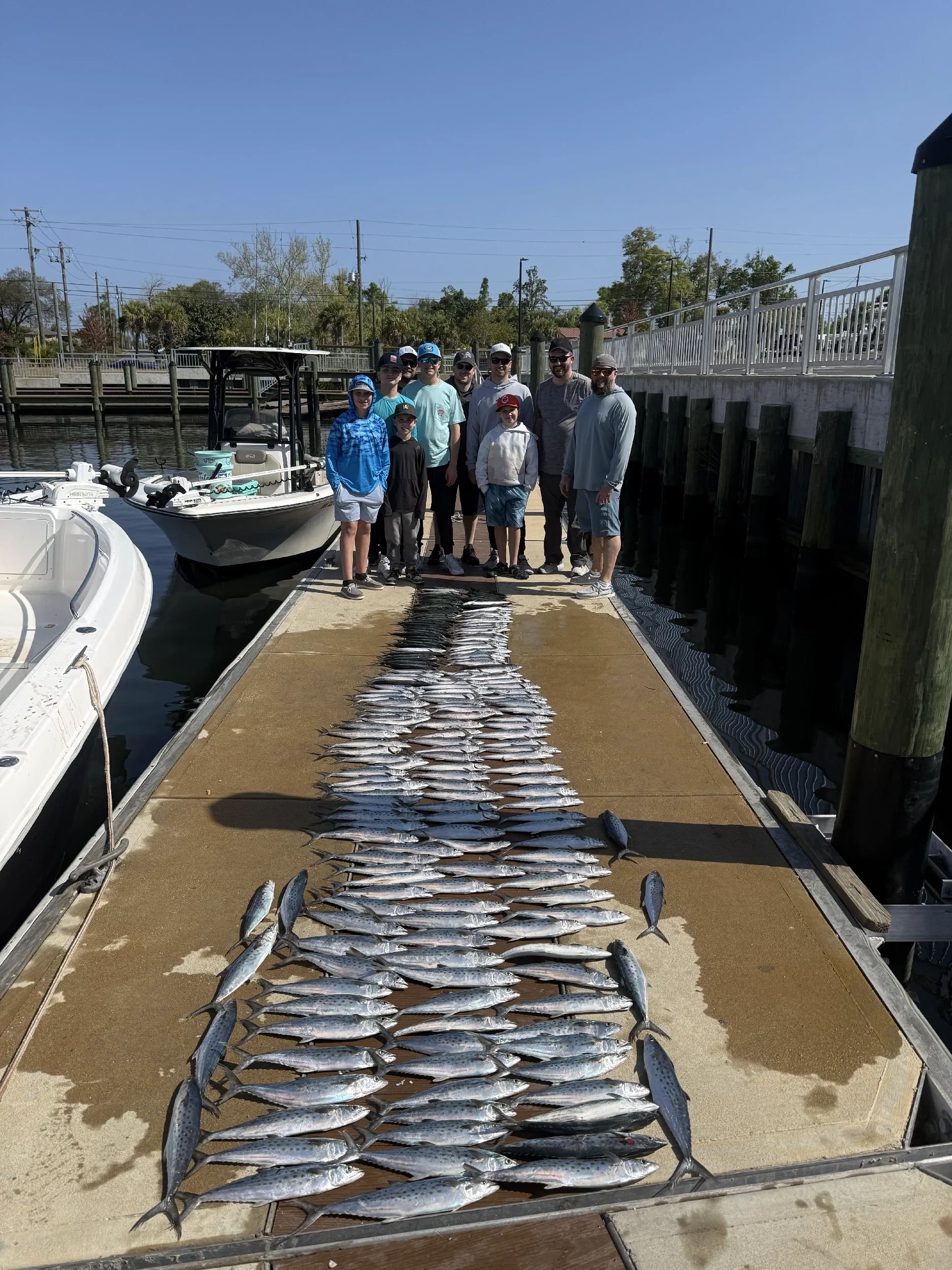Group at the dock with their fish after a Gulf fishing trip with Bluewater Charter