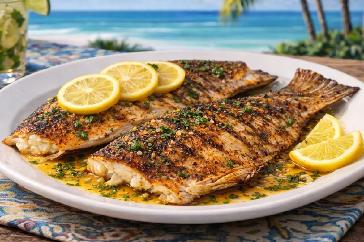 Plate of grilled Redfish on the halfshell