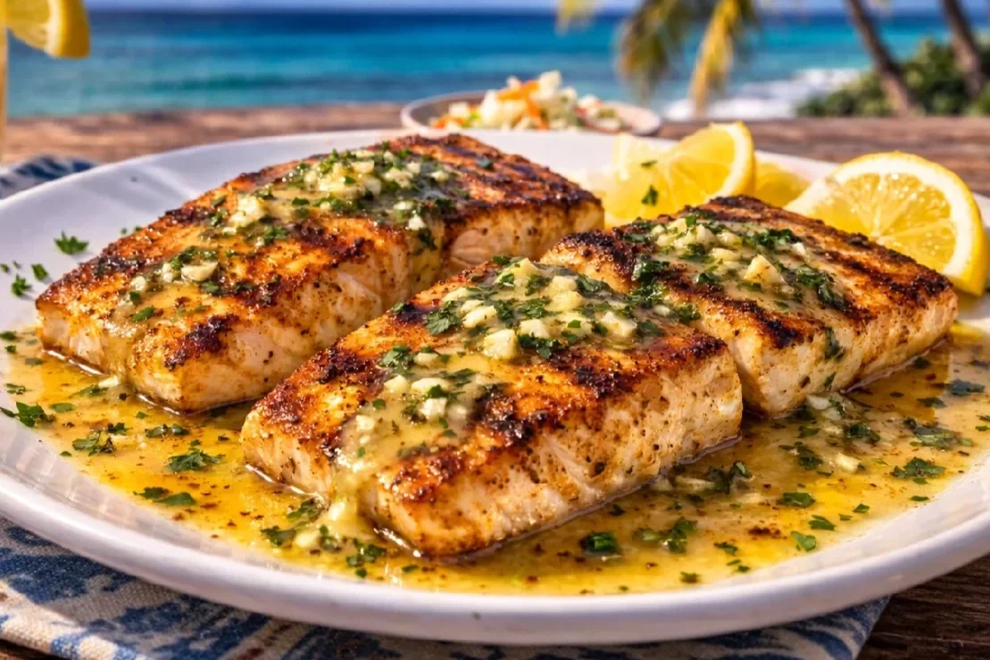 Plate of garlic butter Cobia fillets